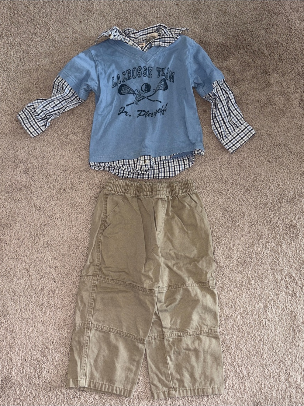 Boy’s Faded Glory Light Blue Lacrosse Layered Hoodie & Khaki Pants Set 3T
